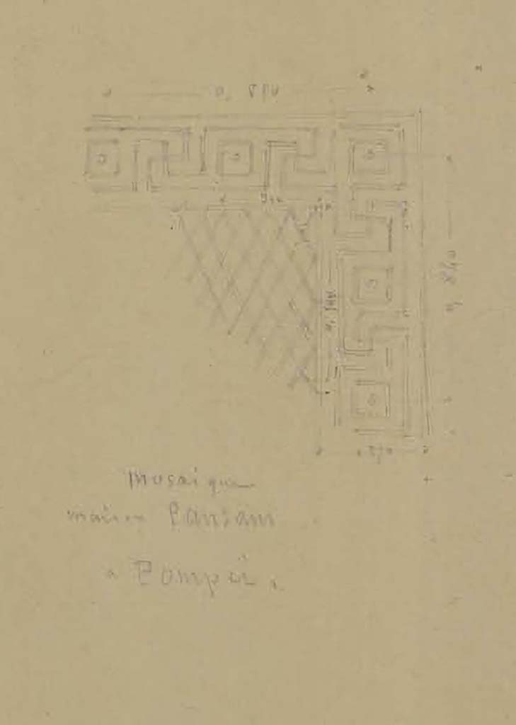 VI.6.1 Pompeii. Sketch by Lesueur, described as "Mosaque, Maison Pansam a Pompei".
See Lesueur, Jean-Baptiste Ciceron. Voyage en Italie de Jean-Baptiste Ciceron Lesueur (1794-1883), pl. 40.
See Book on INHA reference INHA NUM PC 15469 (04)   Licence Ouverte / Open Licence  Etalab
