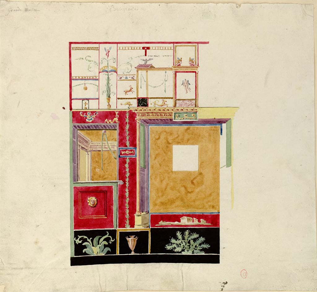 VI.6.1 Pompeii. Painting of wall by Chenavard. Possibly the other half of the wall painted and outlined by Duban or from the same room.
See Chenavard, Antoine-Marie (1787-1883) et al. Voyage d'Italie, croquis Tome 3, pl. 117.
INHA Identifiant numérique : NUM MS 703 (3). See Book on INHA 
Document placé sous « Licence Ouverte / Open Licence » Etalab   

