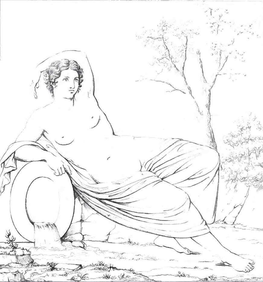 VI.6.1 Pompeii. 1840. Room 15, cubiculum on west side of peristyle. Drawing by Roux of painting of a nymph. See Helbig, W., 1868. Wandgemälde der vom Vesuv verschütteten Städte Campaniens. Leipzig: Breitkopf und Härtel. (1014). See Roux, H., 1840. Herculanem et Pompei recueil general des Peintures, Bronzes, Mosaiques : Tome 3. Paris: Didot. (p. 50, Pl. 117).