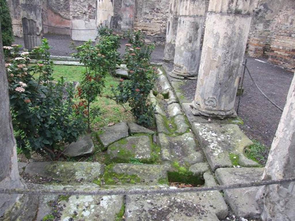 VI.6.1 Pompeii. December 2007. Drainage gutter in north-east corner of peristyle.