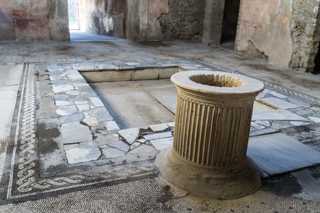 VI.8.3/5 Pompeii. April 2022. Looking south across impluvium in atrium towards entrance corridor. Photo courtesy of Johannes Eber.