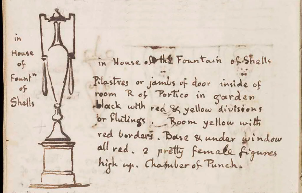 VI.8.22 Pompeii. c.1830. Sketch by Gell, and description of room –
“In the House of the Fountain of Shells. Pilasters or jambs of door inside of room right of portico in garden black with red and yellow divisions or flutings.
Room yellow with red borders. Base and under window all red. 2 pretty female figures high up. Chamber of Punch.”
Note: Although Gell clearly says he is talking about the house of the fountain of shells, his drawing of this vase appears to match his drawing in the fullonica, see VI.8.20.
See Gell, W. Sketchbook of Pompeii, c.1830. 
See book from Van Der Poel Campanian Collection on Getty website http://hdl.handle.net/10020/2002m16b425
