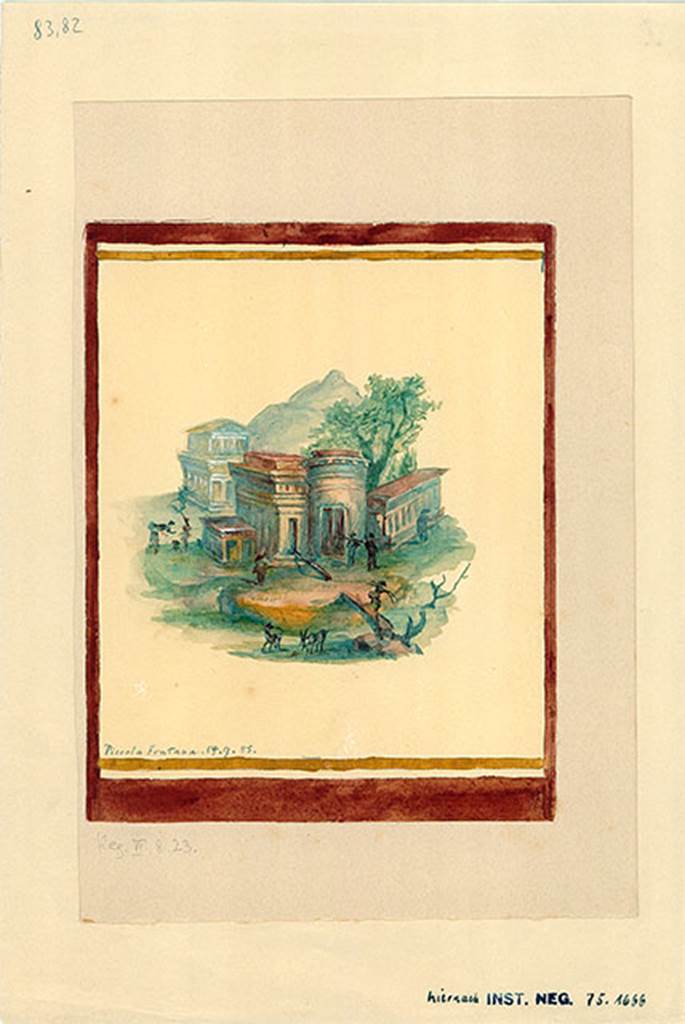 VI.8.23 Pompeii. 1885 watercolour copy of architectural landscape with houses or temple, from centre of north wall.
DAIR 83.82. Photo © Deutsches Archäologisches Institut, Abteilung Rom, Arkiv. 
See http://arachne.uni-koeln.de/item/marbilder/5022256
