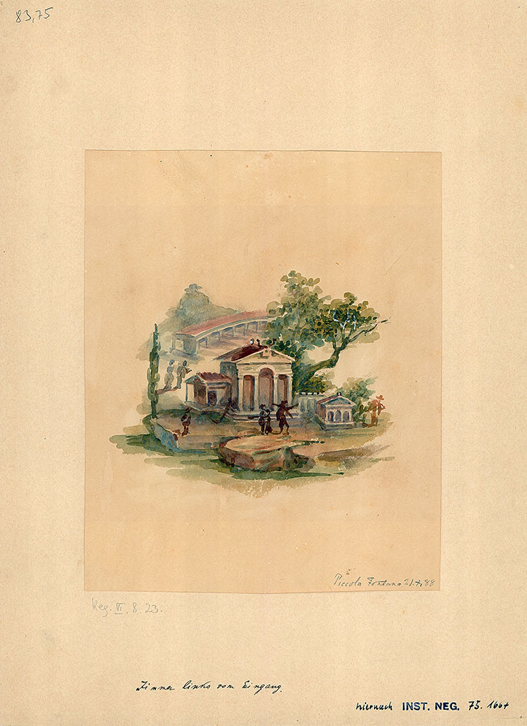 VI.8.23 Pompeii. 1888 watercolour copy of painted architectural scene from south wall of cubiculum.
DAIR 83.75. Photo © Deutsches Archäologisches Institut, Abteilung Rom, Arkiv. 
See https://arachne.uni-koeln.de/item/marbilder/5022249
