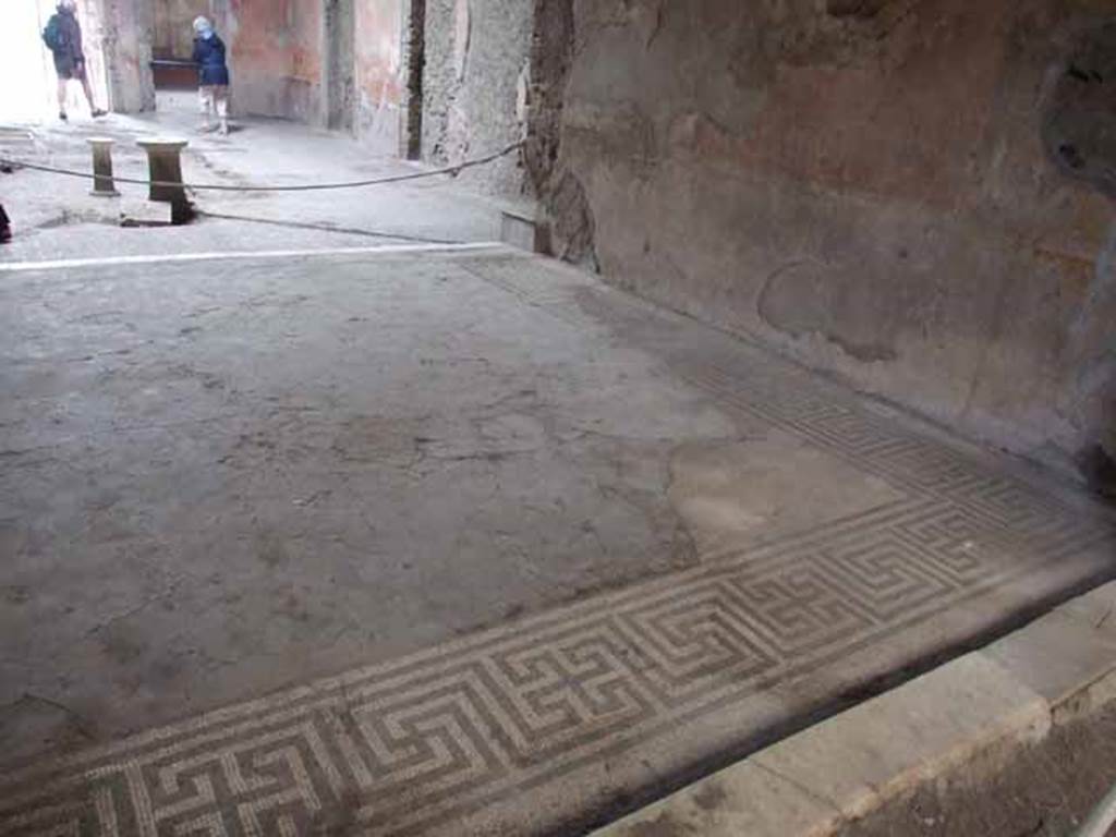 VI.8.23 Pompeii. May 2010. South wall of tablinum and mosaic floor, looking east.