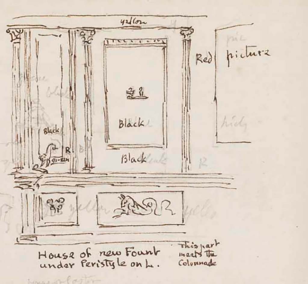 VI.8.23 Pompeii. c.1830. According to Gell, -
this drawing should be the south wall in the south-east corner of the peristyle, which would be the wall on the south side of the corridor leading to and from the atrium.
See Gell, W. Sketchbook of Pompeii, c.1830. 
See book from Van Der Poel Campanian Collection on Getty website http://hdl.handle.net/10020/2002m16b425
