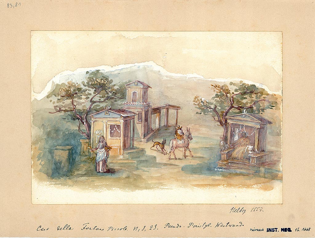 VI.8.23 Pompeii. 19th century watercolour of landscape painting from west wall of north portico of pseudo-peristyle.
DAIR 83.81. Photo © Deutsches Archäologisches Institut, Abteilung Rom, Arkiv. 
See http://arachne.uni-koeln.de/item/marbilder/5022255

