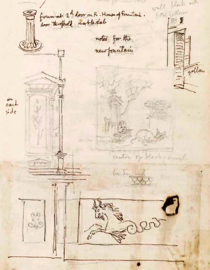 VI.8.23 Pompeii. c.1830. Drawing by Gell, written in pencil under the pencil drawing –
“Centre of the black panel”, and underneath “border red”.  
Possibly this drawing is of the panel at the north end of garden, on west wall in north portico.
See Gell, W. Sketchbook of Pompeii, c.1830. 
See book from Van Der Poel Campanian Collection on Getty website http://hdl.handle.net/10020/2002m16b425
