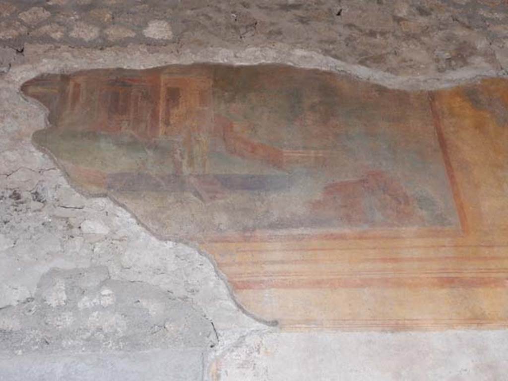 VI.8.23 Pompeii. May 2017. East end of river landscape above doorway on upper north wall of portico. Photo courtesy of Buzz Ferebee.
