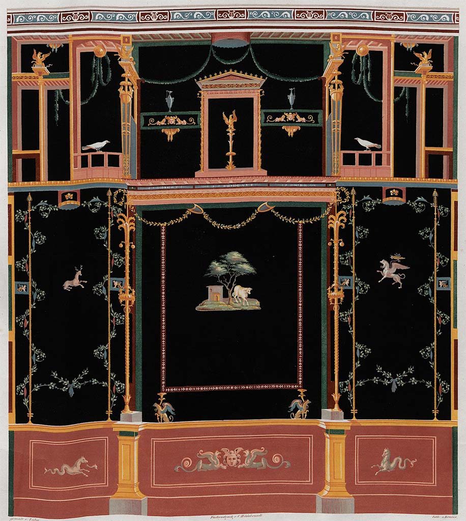 VI.8.23 Pompeii. Drawing of north wall of garden room, the room with doorway in north-west corner of pseudo-peristyle.
See Zahn, W., 1842. Die schönsten Ornamente und merkwürdigsten Gemälde aus Pompeji, Herkulanum und Stabiae: II. Berlin: Reimer. (Tav. 14).
