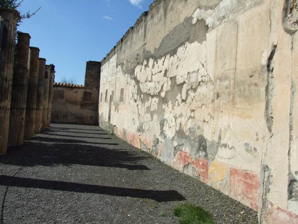 VI.9.2 Pompeii. March 2009. Peristyle 16, north wall.
According to Garcia y Garcia, the bombs that fell on the houses to the north and south of this luxurious house caused the decline and partial ruin of the paintings on the north wall of the peristyle.
See Garcia y Garcia, L., 2006. Danni di guerra a Pompei. Rome: L’Erma di Bretschneider. (p.77-79)
