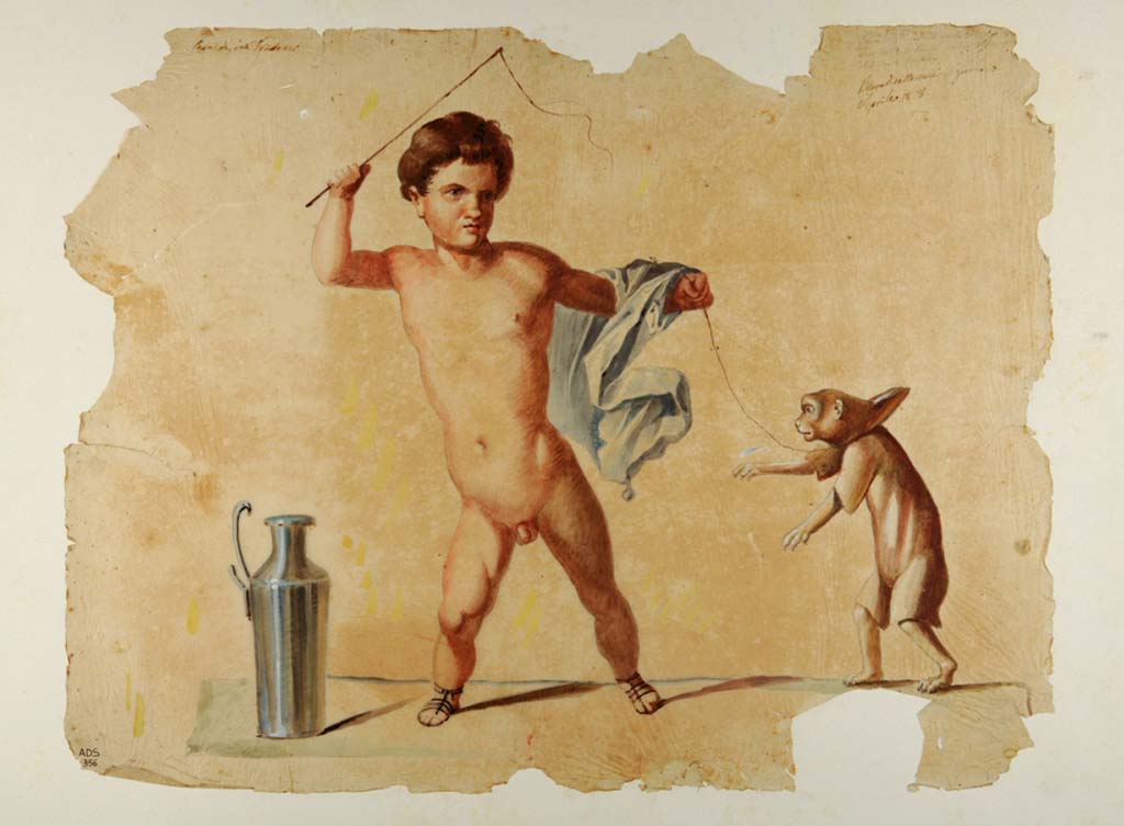 VI.9.6 Pompeii. Painting of naked child training a monkey, found 20th or 26th April 1828 in the peristyle, attributed to Giuseppe Marsigli. 
Now in Naples Archaeological Museum. Inventory number ADS 356.
Photo © ICCD. http://www.catalogo.beniculturali.it
Utilizzabili alle condizioni della licenza Attribuzione - Non commerciale - Condividi allo stesso modo 2.5 Italia (CC BY-NC-SA 2.5 IT)
