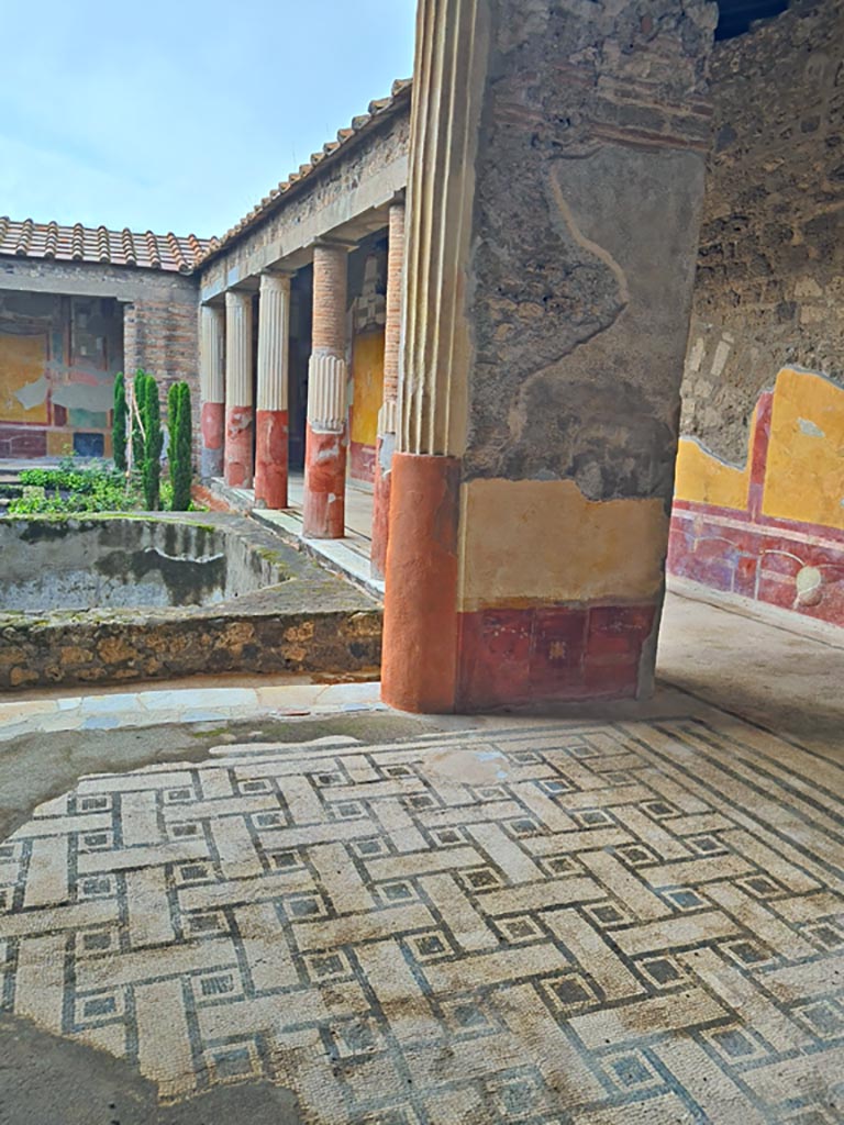 VI.9.6 Pompeii. November 2023. 
Room 6, looking across east portico towards pilaster in north-east corner. Photo courtesy of Giuseppe Ciaramella.
