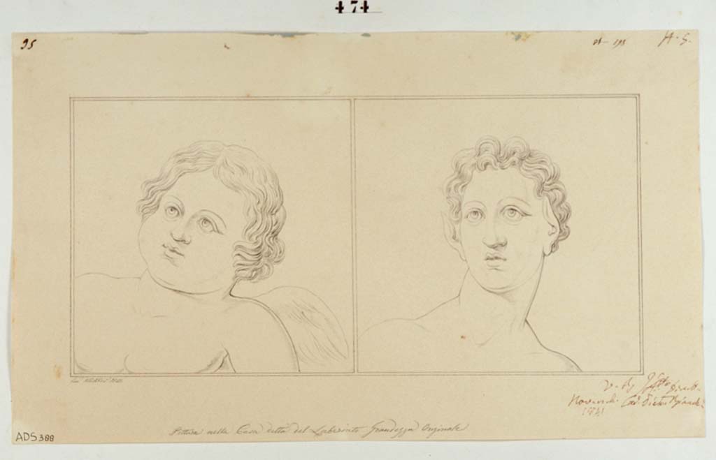 VI.11.10 Pompeii. Drawing by Giuseppe Abbate, 1841, of head of a Cupid and Satyr from upper wall of alcove in cubiculum 46. 
Now in Naples Archaeological Museum. Inventory number ADS 388.
Photo © ICCD. https://www.catalogo.beniculturali.it
Utilizzabili alle condizioni della licenza Attribuzione - Non commerciale - Condividi allo stesso modo 2.5 Italia (CC BY-NC-SA 2.5 IT)
http://www.catalogo.beniculturali.it
Utilizzabili alle condizioni della licenza Attribuzione - Non commerciale - Condividi allo stesso modo 2.5 Italia (CC BY-NC-SA 2.5 IT)
