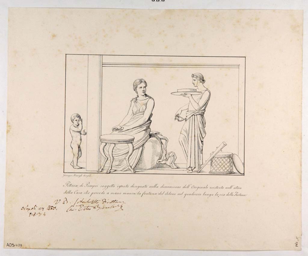 VI.14.12 Pompeii. Drawing by Giuseppe Marsigli, pre-October 1834 of another unknown subject, probably from the same atrium.
Now in Naples Archaeological Museum. Inventory number ADS 429.
Photo © ICCD. http://www.catalogo.beniculturali.it
Utilizzabili alle condizioni della licenza Attribuzione - Non commerciale - Condividi allo stesso modo 2.5 Italia (CC BY-NC-SA 2.5 IT)
