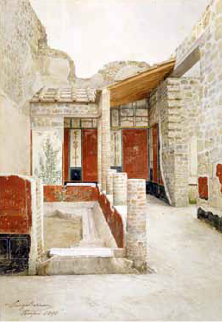 VI.15.1 Pompeii. 1895. Looking north across the small courtyard garden “s” with portico.
Watercolour by Luigi Bazzani, Casa dei Vettii, Viridarium.
