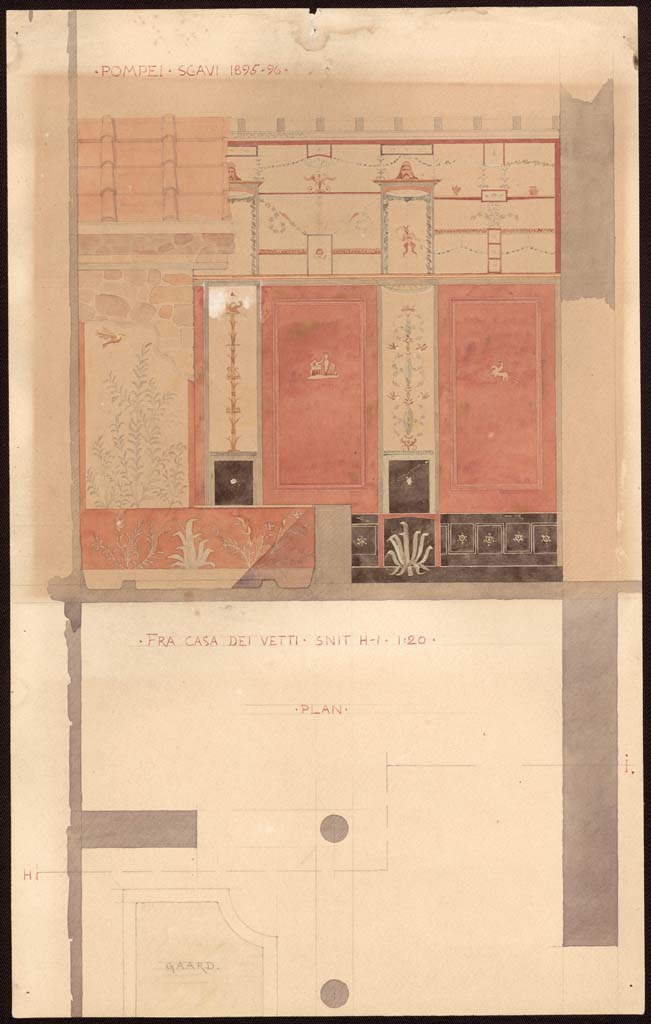 VI.15.1 Pompeii. 
Painting by Harald Harppth (1866-1900), showing the north side of the small peristyle/garden "s", pilaster on the left, and north wall on the right.
Photo © Danmarks Kunstbibliotek inv. no ark_17516b.

