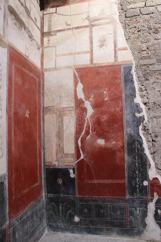 VI.15.1 Pompeii. October 2024. 
Small courtyard “s”, east wall in north-east corner. Photo courtesy of Klaus Heese.

