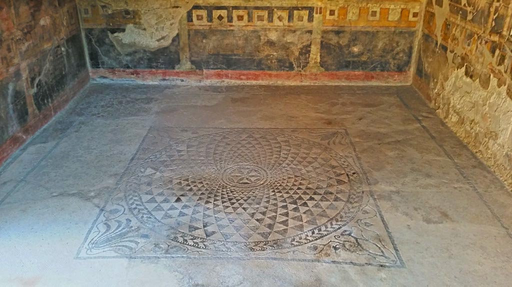 VI.16.7 Pompeii. December 2019. Room G, looking east across mosaic floor in oecus. Photo courtesy of Giuseppe Ciaramella.