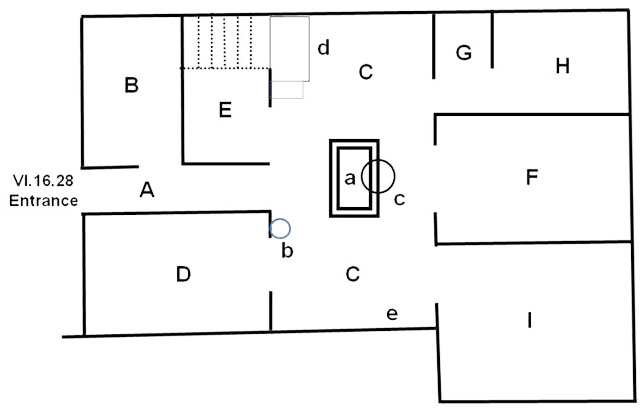 VI.16.28 Pompeii. House of Coponii or Casa della Caccia di Tori
Room Plan