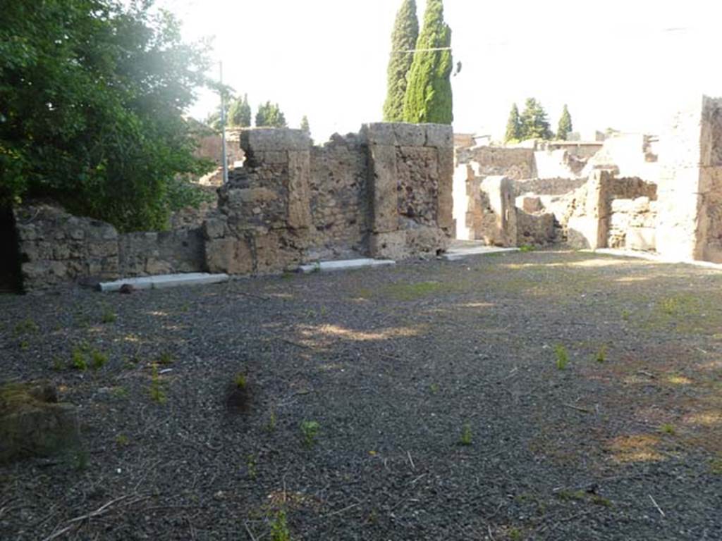 VI.17.17 Pompeii. May 2011. Looking along north side of atrium towards the north-east corner. Although Fiorelli stated there were only rooms on one side of the atrium, see below, there are definitely three thresholds on the north side (as well as three rooms with thresholds on the south side). The doorways on the north side (now blocked) were ancient. 
Fiorelli -Esse avevano due ingressi separati sulla strada e due botteghe, stando in relazione tra loro per gli atrii, entrambi tuscanici, e ciascuno con tre cubicoli da un solo lato.
(translation -They had two separate entrances on the roadway and two shops, linked to the atriums, both atriums were Tuscanic, and each with three cubicula only on one side.)
