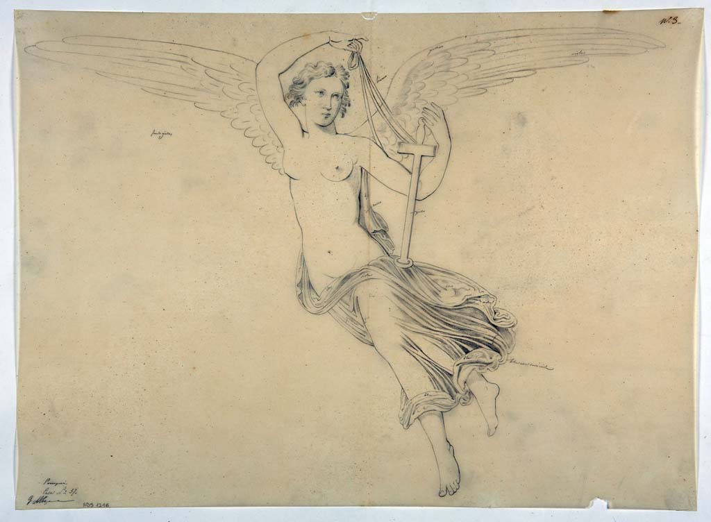 VI.1.25 Pompeii. 
Preliminary drawing by Giuseppe Abbate, of Vittoria with sword, provenanced from south wall of peristyle 31.
Now in Naples Archaeological Museum. Inventory number ADS 1216.
Photo © ICCD. http://www.catalogo.beniculturali.it
Utilizzabili alle condizioni della licenza Attribuzione - Non commerciale - Condividi allo stesso modo 2.5 Italia (CC BY-NC-SA 2.5 IT)
See Helbig, W., 1868. Wandgemälde der vom Vesuv verschütteten Städte Campaniens. Leipzig: Breitkopf und Härtel, (911).
