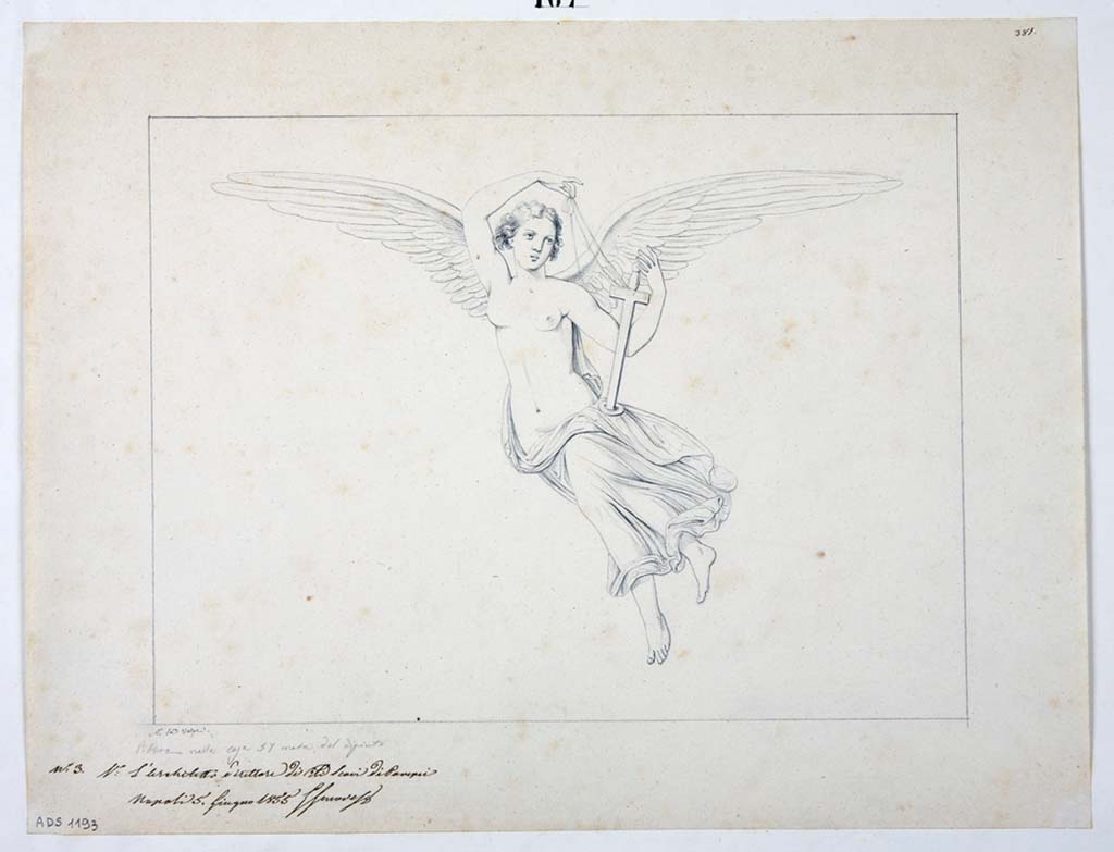 VI.1.25 Pompeii. Drawing by Nicola La Volpe, 1855, of Nike in flight with sword in left hand, from south wall of peristyle 31.
Now in Naples Archaeological Museum. Inventory number ADS 1193.
Photo © ICCD. http://www.catalogo.beniculturali.it
Utilizzabili alle condizioni della licenza Attribuzione - Non commerciale - Condividi allo stesso modo 2.5 Italia (CC BY-NC-SA 2.5 IT)
