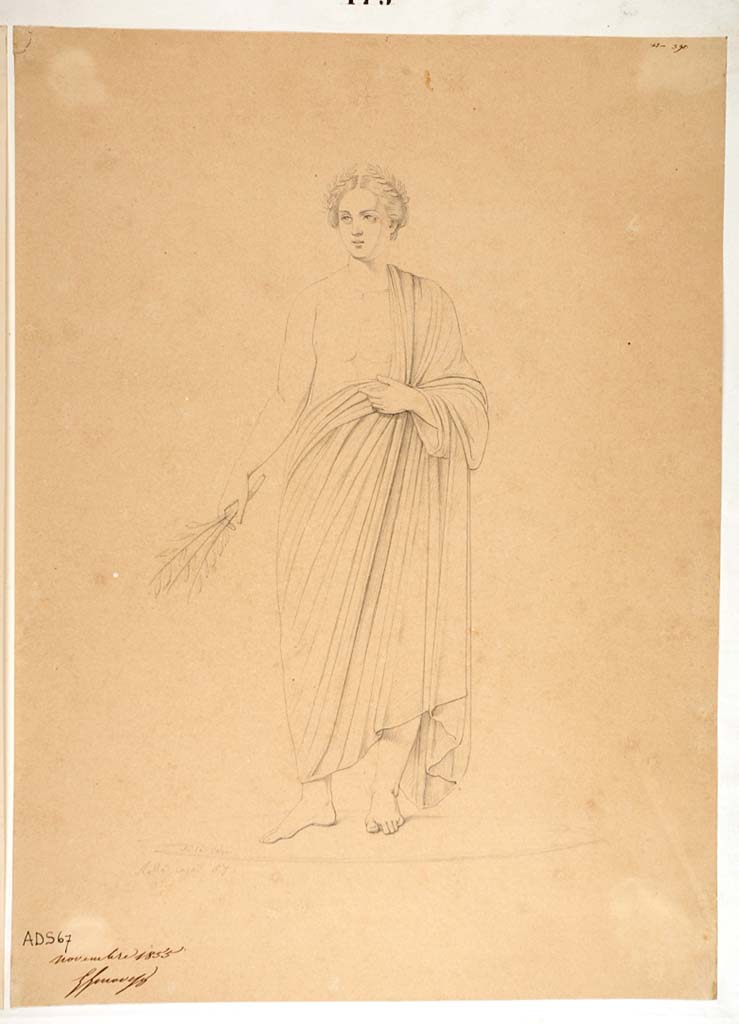 VII.1.25 Pompeii. Peristyle 31. Drawing by Nicola La Volpe, November 1855, of masculine figure of poet, which has now faded from the walls. Now in Naples Archaeological Museum. Inventory number ADS 67.
Photo © ICCD. http://www.catalogo.beniculturali.it
Utilizzabili alle condizioni della licenza Attribuzione - Non commerciale - Condividi allo stesso modo 2.5 Italia (CC BY-NC-SA 2.5 IT)
