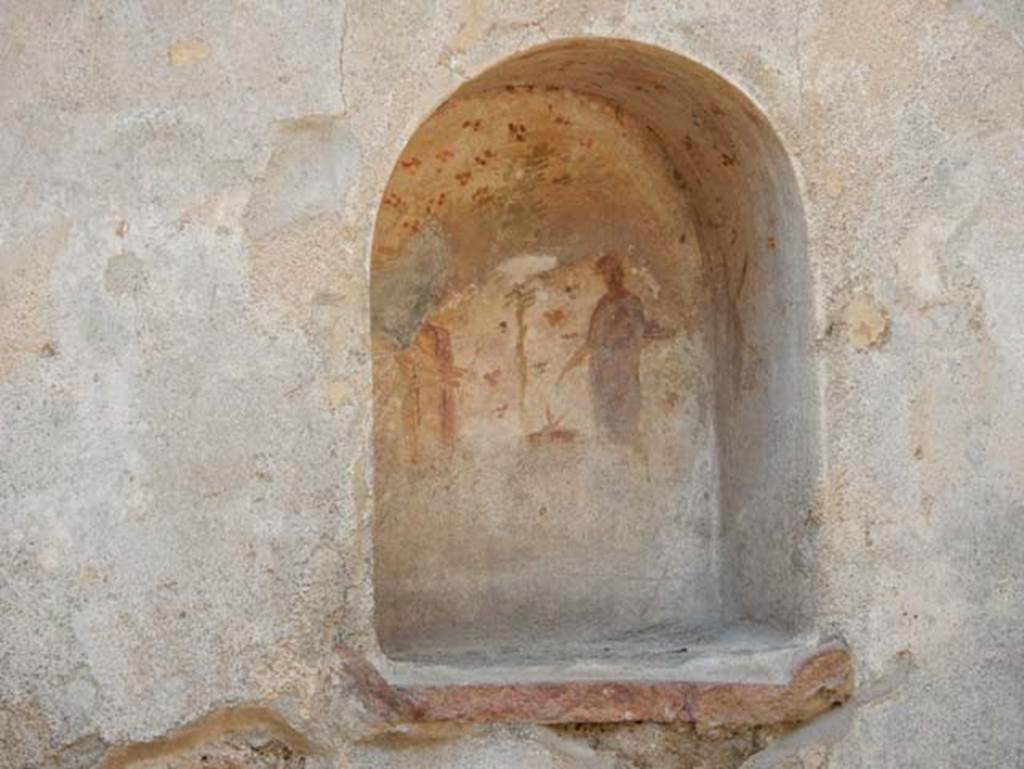 VII.1.47 Pompeii, May 2018. Room 14, looking towards niche lararium in west wall of kitchen 12.
Photo courtesy of Buzz Ferebee.
