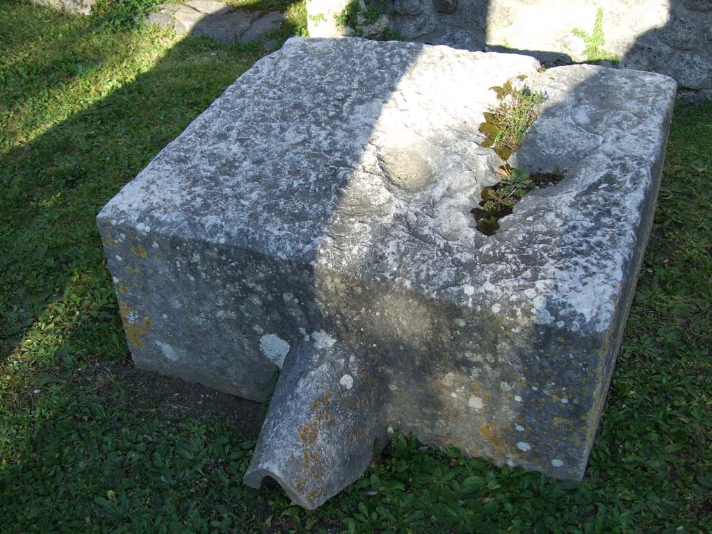 VII.4.31/51 Pompeii. March 2009. North peristyle, east portico. Remains of an olive press. 
It is not clear whether it now stands exactly where the original excavators found it, but so massive a block is unlikely to have been moved any great distance.
See Descoeudres J-P., Ed., 1994. Pompeii Revisited: The life and death of a Roman town. Sydney: Meditarch, p. 135.
