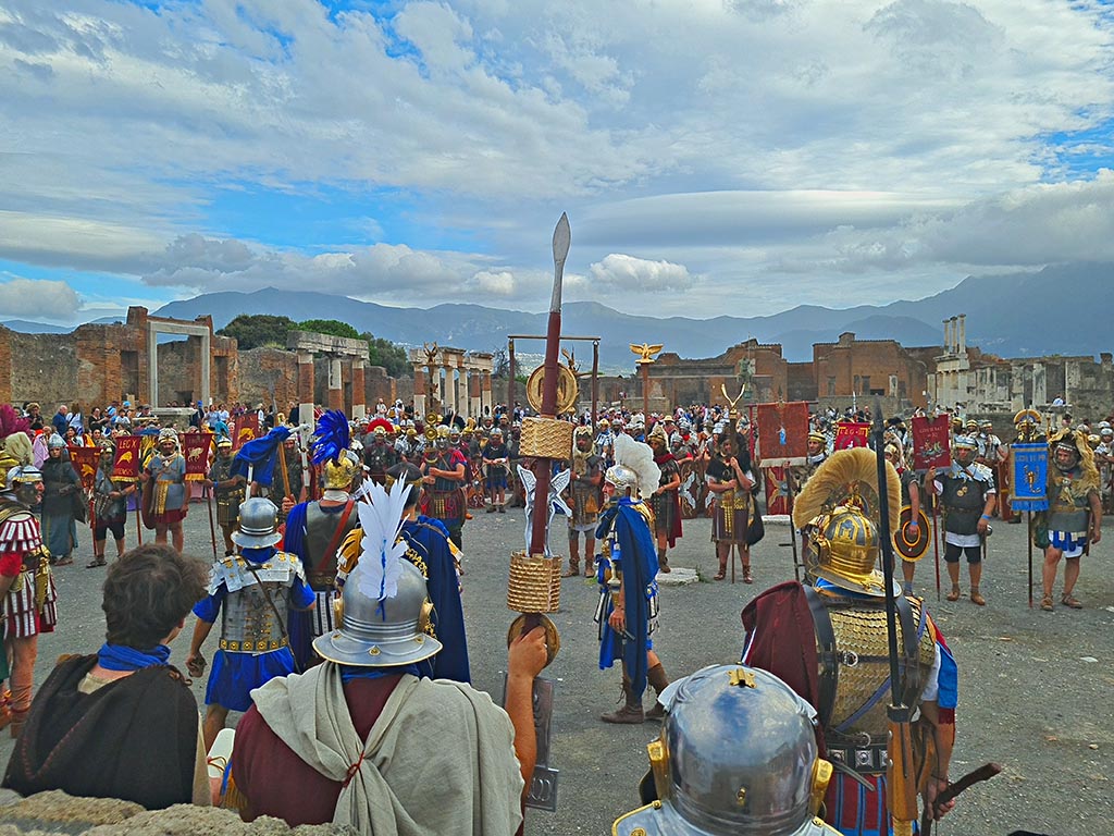 VII.8 Pompeii. 28th September 2024. 
Looking south-east across Forum, during “Ludi Pompeiani” event. Photo courtesy of Giuseppe Ciaramella.

