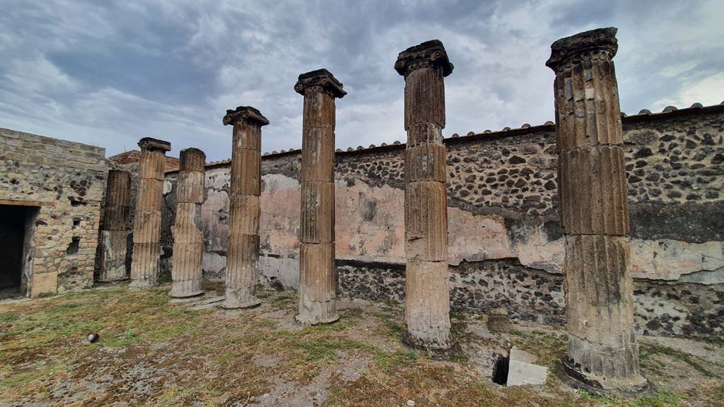 VII.8.1 Pompeii. August 2021. Looking towards room at east end of north wall, north-east corner and east wall behind columns. 
Foto Annette Haug, ERC Grant 681269 DÉCOR.
