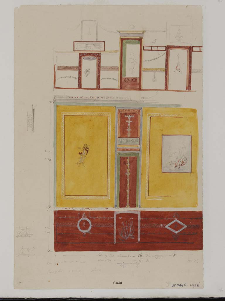 VII.13.4 Pompeii. c.1840. Painting by James William Wild, from north wall of oecus showing painting of Ganymede in central panel.
In the left side panel is a painting of Spring.
Photo  Victoria and Albert Museum, inventory number E.3996-1938.
