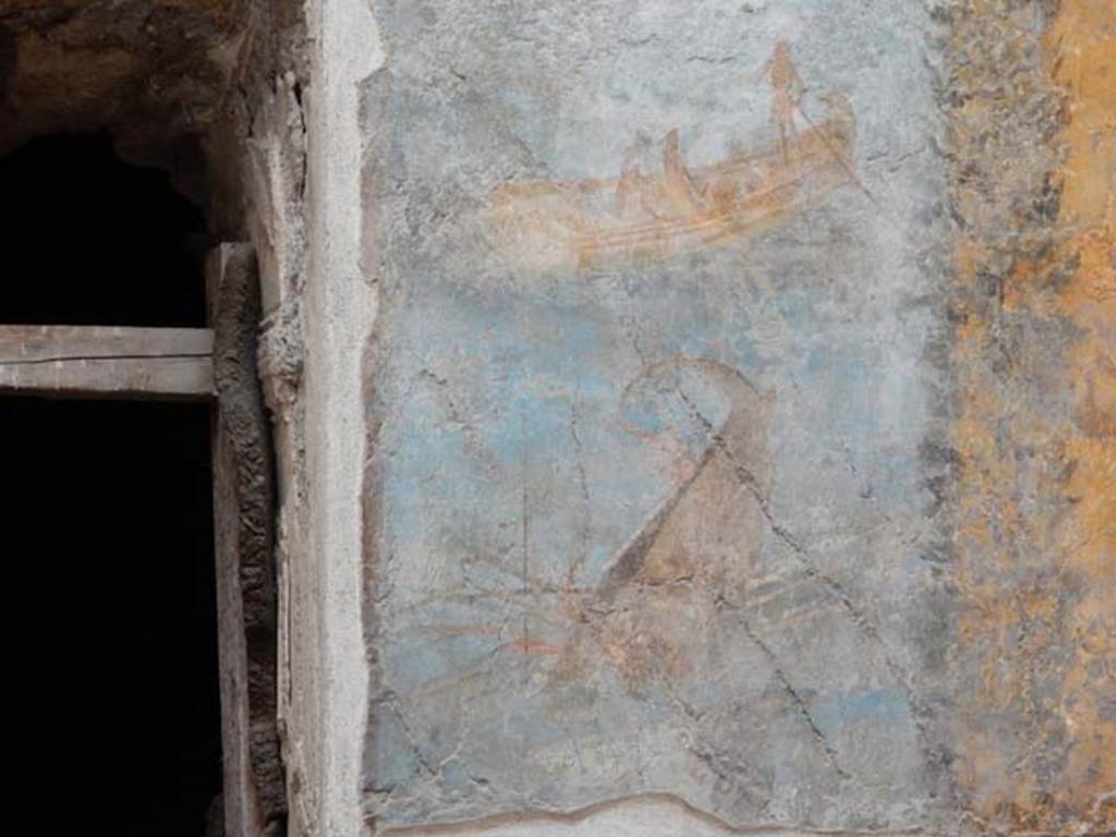 VII.16.a Pompeii. May 2015. Room 9, detail from east end of north wall. Photo courtesy of Buzz Ferebee.
