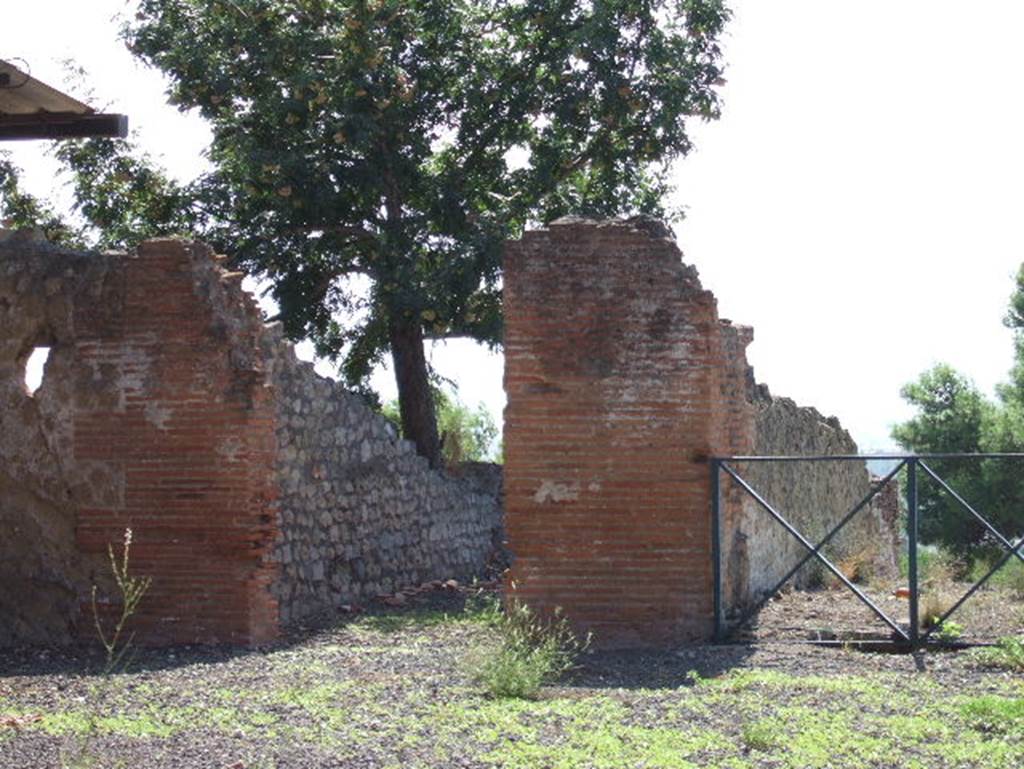 VIII.2.21 Pompeii. September 2005. South side of atrium, with doorway to room on left, and remains of tablinum, on right. According to Richardson, flanking the tablinum were two rather narrow rooms, much of that on the west having collapsed. Beyond these must have run a terrace at least as deep as the tablinum, probably with rooms at either end to judge from bits of masonry that survive and the thickness of the walls in the lower storey. Perhaps these rooms may have been the most splendid triclinia in the house, but how they would have been remodelled there is no way of telling. See Richardson, L., 1988. Pompeii: an Architectural History. Baltimore: John Hopkins University Press.  (p.303-7)
