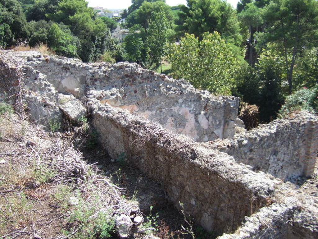 VIII.2.30 Pompeii. September 2005. Looking south-east onto lower level at rear. In the left front would have been the kitchen, in the right front would have been a cubiculum. In the rear would have been two large vaulted rooms with open doorways onto the narrow portico, with a beautiful view.
