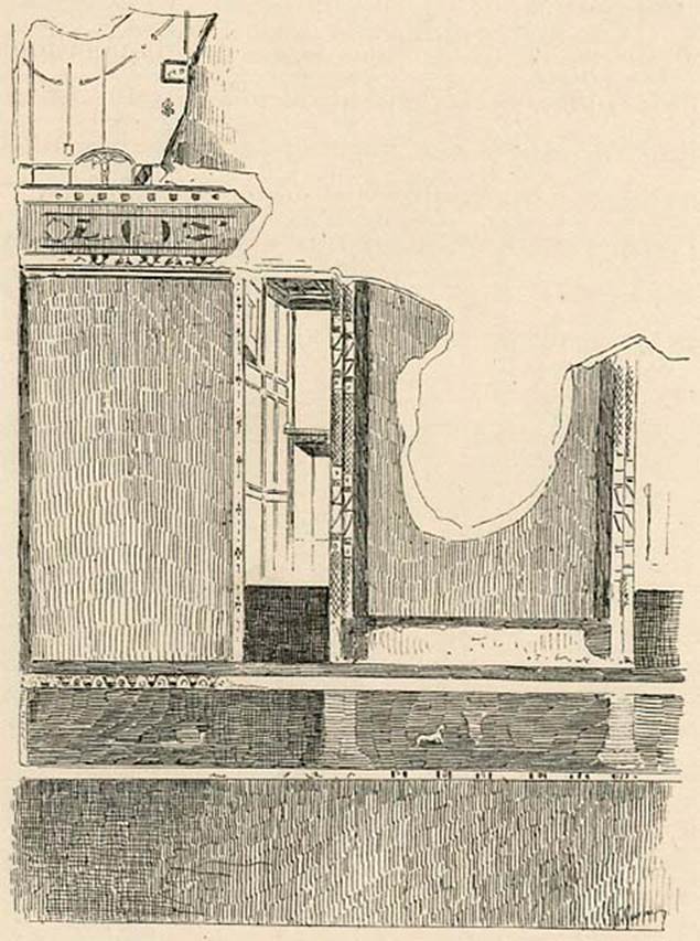 VIII.5.16 Pompeii.  Room 7, detail from east side of south wall.
1899 drawing published by Pierre Gusman.
According to Gusman, this is a third style decoration. Egyptian variety. Brown and black railing, yellow fillets, azure blue panels, yellow and white frieze, light green columns. 
(Variété égyptienne. Cimaise brune et noire, filets jaune, panneaux bleu azur, frise jaune et blanche, colonnes vert clair.)
See Gusman P., 1899. Pompéi: La Ville, Les Mœurs, Les Arts. Paris: Société française d'éditions d'art, p.369.
See Carratelli, G. P., 1990-2003. Pompei: Pitture e Mosaici: Vol. VIII.  Roma: Istituto della Enciclopedia Italiana, p. 592.
