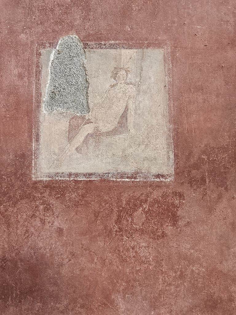 VIII.5.37 Pompeii. November 2024.
Room 13, wall painting of Narcissus, from centre of west wall. Photo courtesy of Annette Haug.

