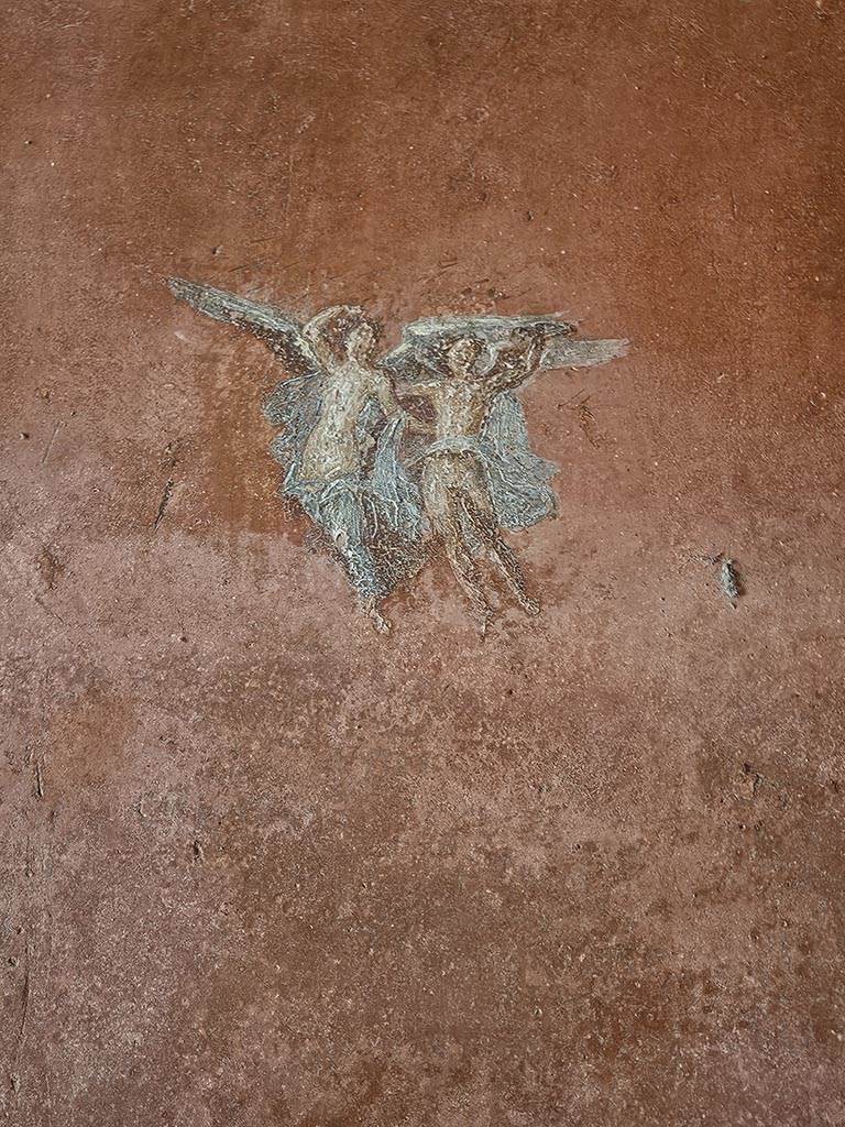 VIII.5.37 Pompeii. November 2024.
Room 14, detail of painted flying figures from west end of south wall. Photo courtesy of Annette Haug.
