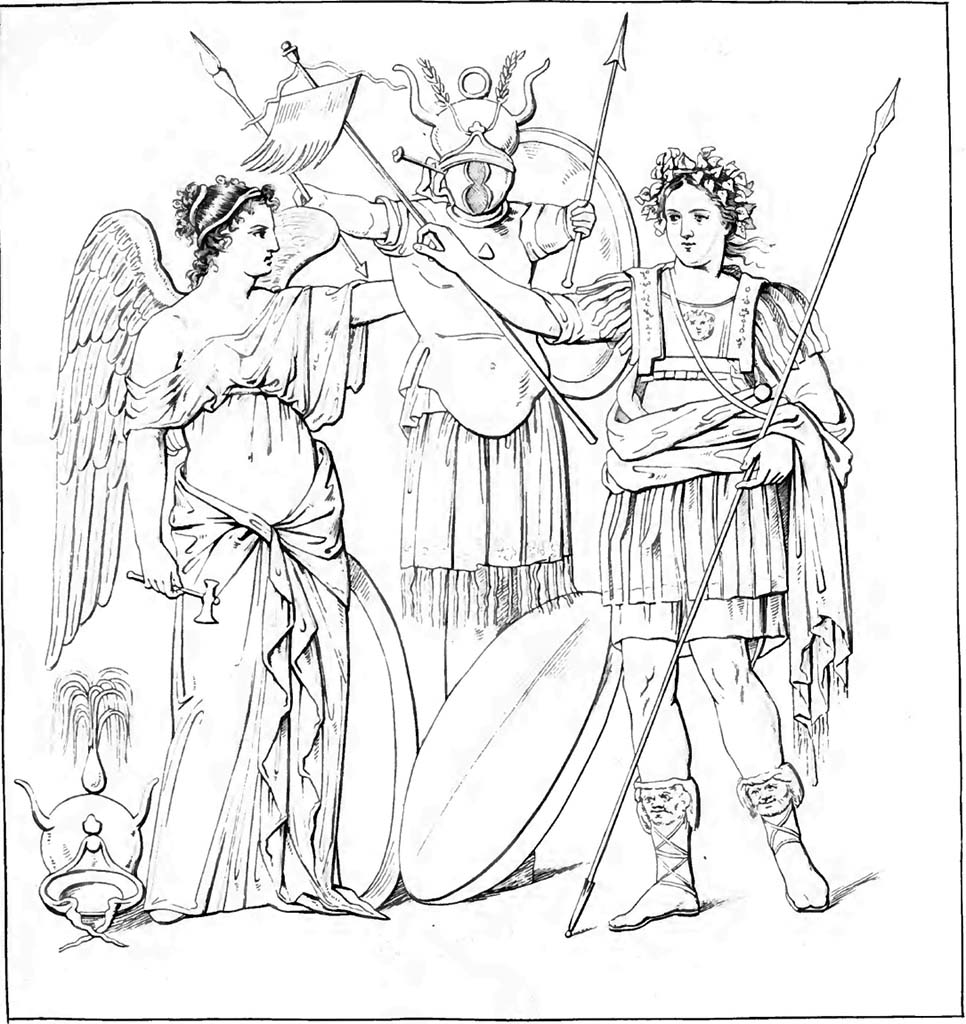 Pompeii or Villa San Marco, Stabiae? Drawing of painting of Vittoria, tropaion and victorious warrior.
See Raccolta de più interessante Dipinture e di più belle Musaici rinvenuti negli Scavi di Ercolano, di Pompei, e di Stabia. 1843. Napoli.
Original now in Naples Archaeological Museum. Inventory number 8843.

According to Hodske –
This drawing was from an unknown house and is now in Naples Archaeological Museum, inventory number 8843.
See Hodske, J., 2007/ Mythologische Bildthemen in den Häusern Pompejis. Ruhpolding: Rutzen, (p. 282, taf 204, 2, Kat. 848).
