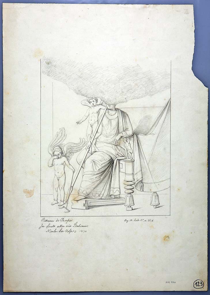 IX.2.21 Pompeii. Drawing by Nicola La Volpe, 1870, of painting of Punishment of the Cupids, from room 3, centre of west wall.
Now in Naples Archaeological Museum. Inventory number ADS 990.
Photo  ICCD. http://www.catalogo.beniculturali.it
Utilizzabili alle condizioni della licenza Attribuzione - Non commerciale - Condividi allo stesso modo 2.5 Italia (CC BY-NC-SA 2.5 IT)
