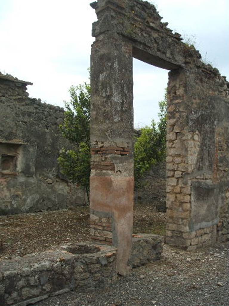 IX.2.21 Pompeii.  May 2005.  Peristyle garden with aedicula shrine on the south wall.  The remains of a stucco relief of two snakes confronting an altar are just visible below the shrine.
