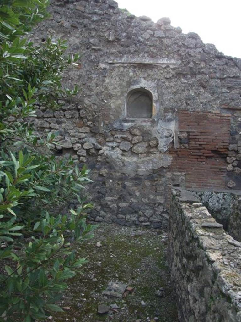 IX.2.24 Pompeii. March 2009. Niche on west wall. According to Boyce, a panel of white stucco was spread on an otherwise bare wall. In the middle of the panel was the arched niche.
See Boyce G. K., 1937. Corpus of the Lararia of Pompeii. Rome: MAAR 14. (p. 82, no. 403 and Pl. 24, 2.) 
