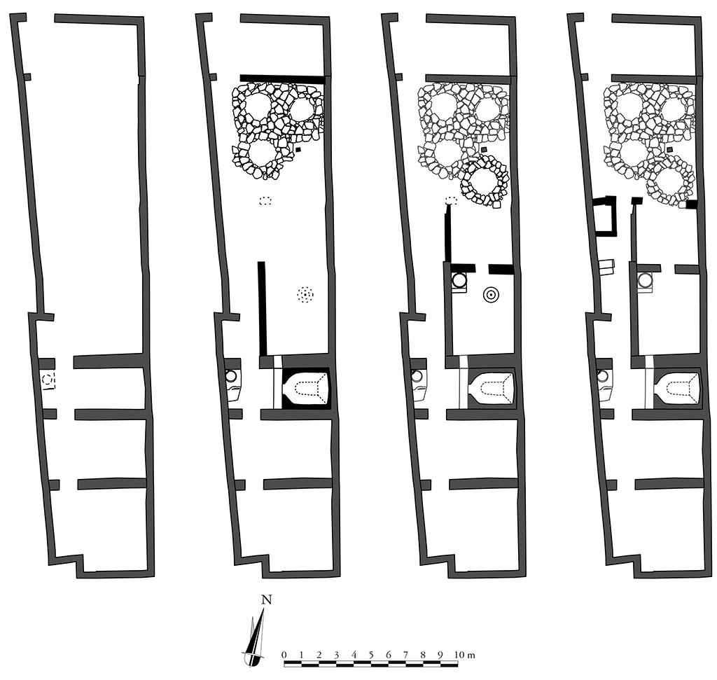 Fig. 10  Pompi Pistrina. Boulangerie IX 5, 4. Chronologie relative des transformations survenues dans la boulangerie.
Relev : N. Monteix, S. Aho ; DAO : N.M. ; ch. 1/250.
