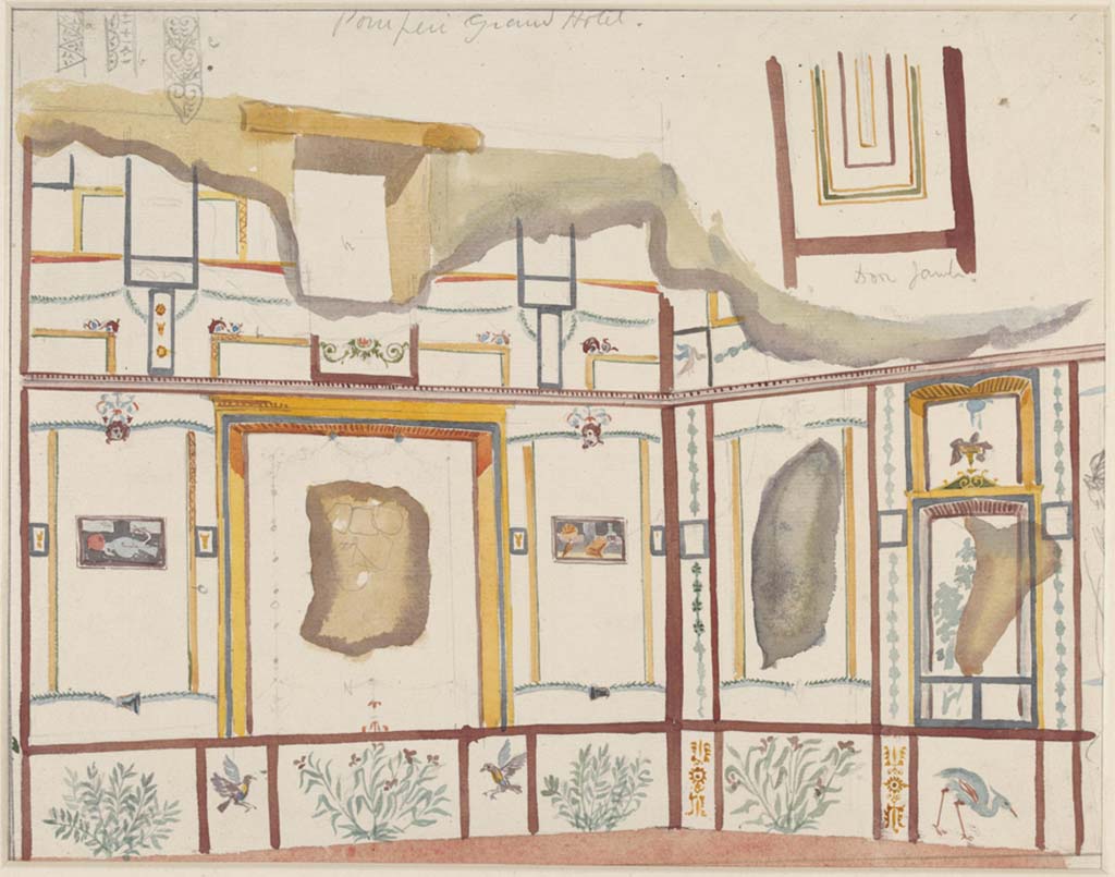 IX.5.16 Pompeii. c.1879. Painting by Sydney Vacher, showing details of ala c.
Looking towards east wall with window overlooking roadway, south-east corner, and part of south wall. 
The still-life painting of food and drink below, can be seen in the centre of the panel at the south end of the east wall.
At the left of the painting is a panel with an apple and a dead dove as described by Schefold.
See Schefold, K., 1957. Die Wnde Pompejis. Berlin: De Gruyter, p. 261. 
Photo  Victoria and Albert Museum, inventory number E.4392-1910. 
(Note: this was described as Pompeii Grand Hotel on the painting).
