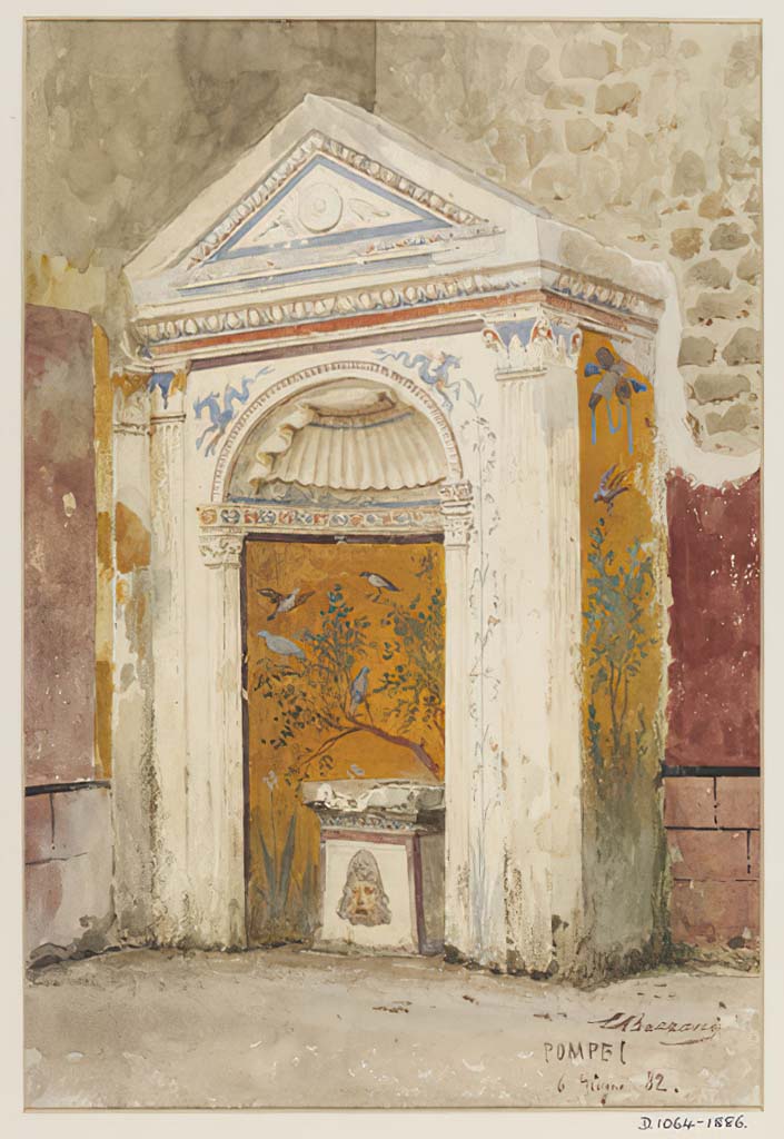 IX.6.8 Pompeii. 6th June 1882. Garden 9, south-west corner.
Frescoed fountain with birds and floral motif in Pompeii watercolour by Luigi Bazzani. 
Photo © Victoria and Albert Museum. Inventory number 1064-1886.

