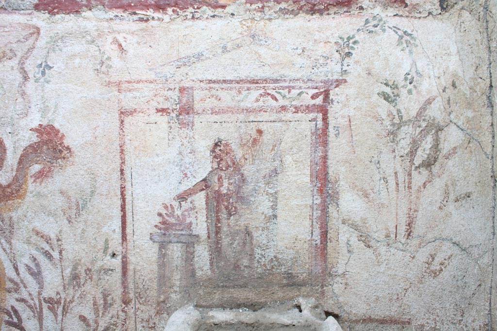 IX.10.1 Pompeii. September 2023. Lararium and altar recently found in room 12.
The altar is surmounted by a painted rectangular aedicule terminating in vegetal whorls, and which frames the Genius patrisfamilias with cornucopia and patera making libations at a circular altar.
L’altare è sormontato da un’edicola rettangolare dipinta e terminante in girali vegetali, che inquadra il Genius patrisfamilias con cornucopia e patera che compie libagioni presso un altare circolare.
See PAP e-journal 6, 28.09.2023, p. 65, fig. 14. Download: PAP e-journals 2023 collection volumes 01-09 
Photograph © Parco Archeologico di Pompei.
