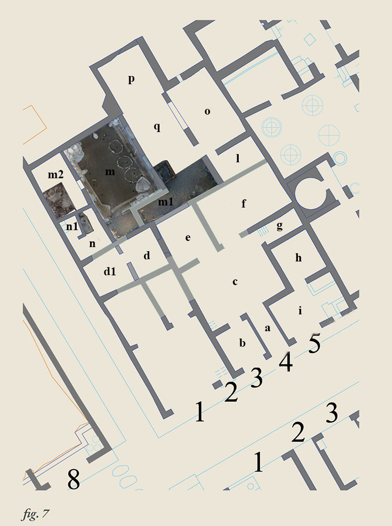 IX.12.1-5 Pompeii. Plan with IX.12.5 shown as rooms “h” and “i”.
Plan after E-Journal 13, Scavi di Pompei, 28.05.24, fig. 7.
According to Spinazzola, 
The doorway at IX.12.5 was over 5 metres wide with a rear room, and completely detached from the rest of the house without any communication or doorway.
See Spinazzola, V. Pompei, alla luce degli Scavi Nuovi di Via dell’Abbondanza (Anni 1910-1923), Vol. 2, p. 716.

