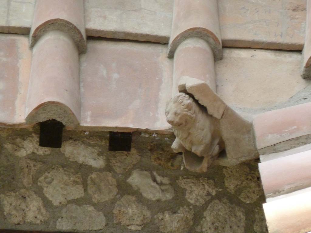 IX.12.9 Pompeii. May 2010. North-west corner of roof with decorative rainwater spout in the form of a lion.