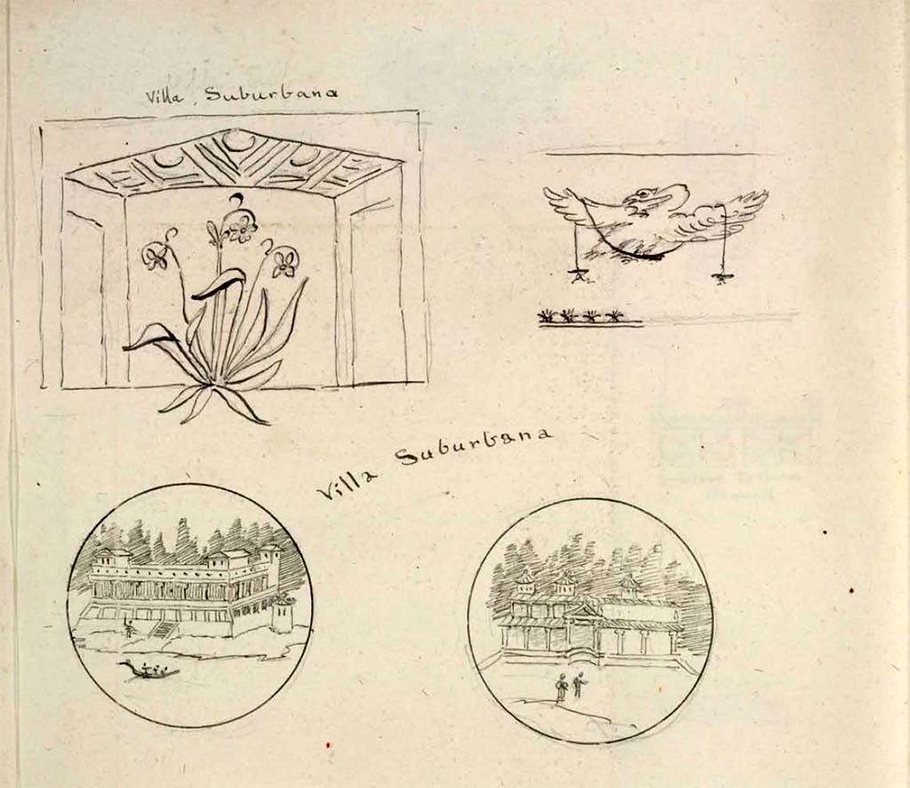 HGW24 Pompeii. Villa suburbana, various sketches of wall decorations from villa, by W. Gell.
See Gell, W. Pompeii unpublished [Dessins de l'édition de 1832 donnant le résultat des fouilles post 1819 (?)] vol II, pl. 165 of 178.
Bibliothèque de l'Institut National d'Histoire de l'Art, collections Jacques Doucet, Identifiant numérique Num MS180 (2).
See book in INHA Use Etalab Licence Ouverte
